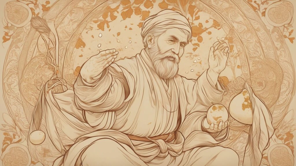 nasrettin hoca throwing a golden stone, symbolizing result