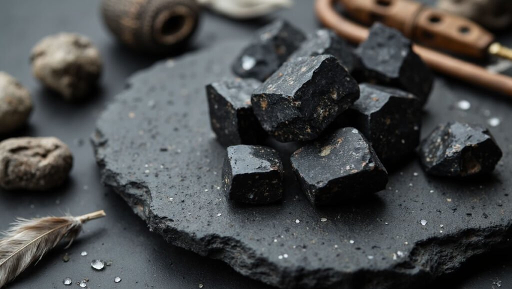 raw obsidian chunks on a textured dark stone slab result